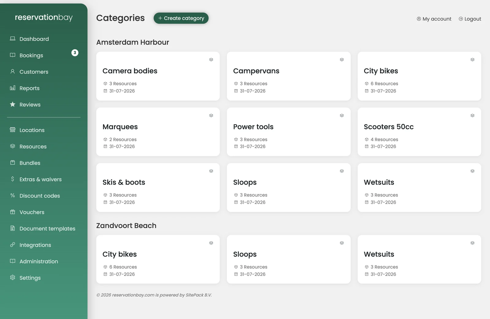 The categories screen: cards grouped under each location heading, every card showing the category name and how many resources it holds.
