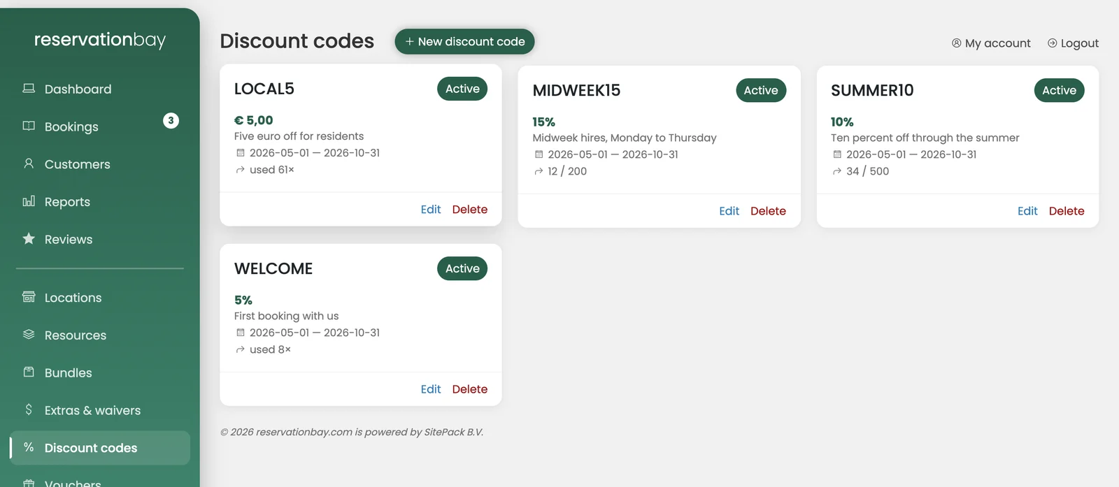 The discount codes screen: a card per code showing the discount, the description, the validity dates and the usage count.