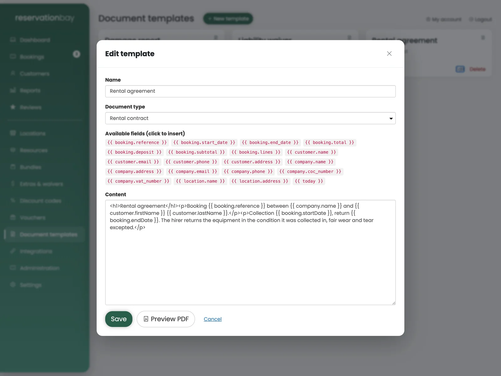 De sjablooneditor: naam, documenttype, de aanklikbare lijst met beschikbare velden, en het tekstvak, met onderaan Opslaan en Pdf-voorbeeld.